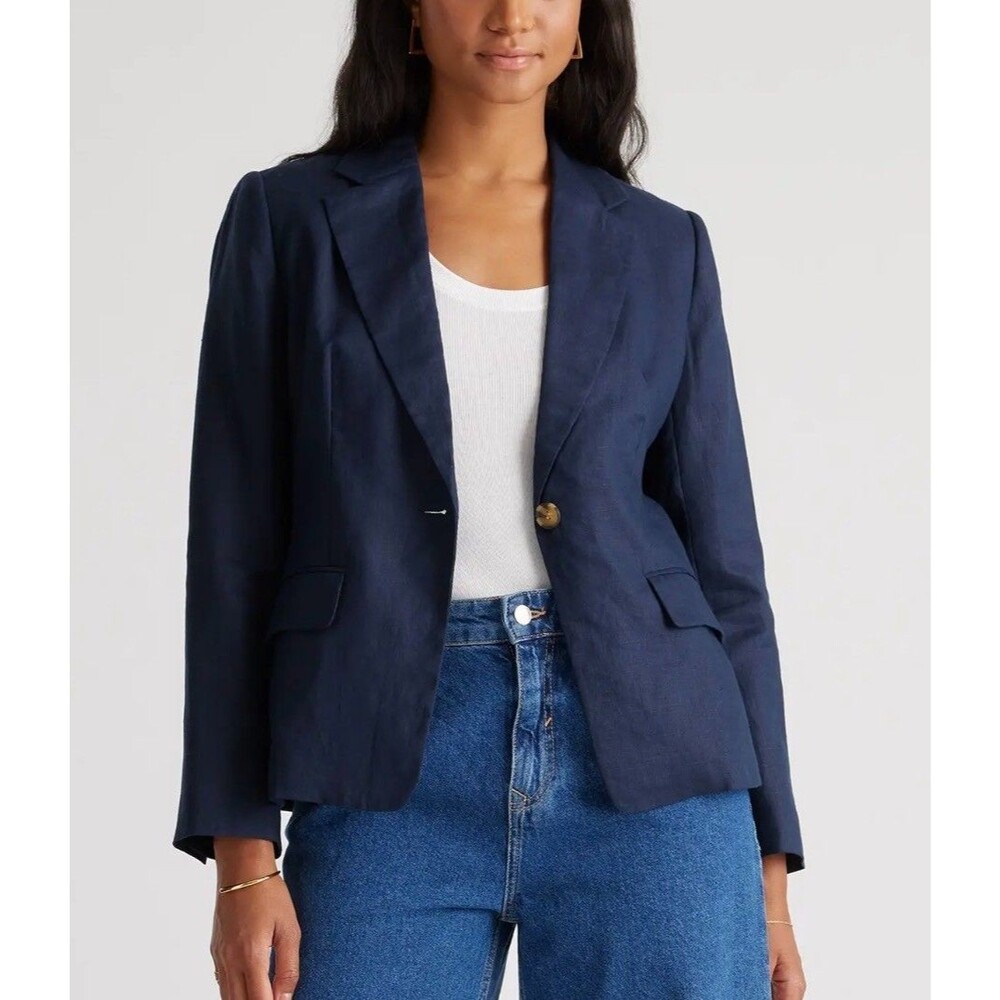 Quince 100% European Linen Navy Blue Blazer NWT Women Sz L Nautical Classic NWT